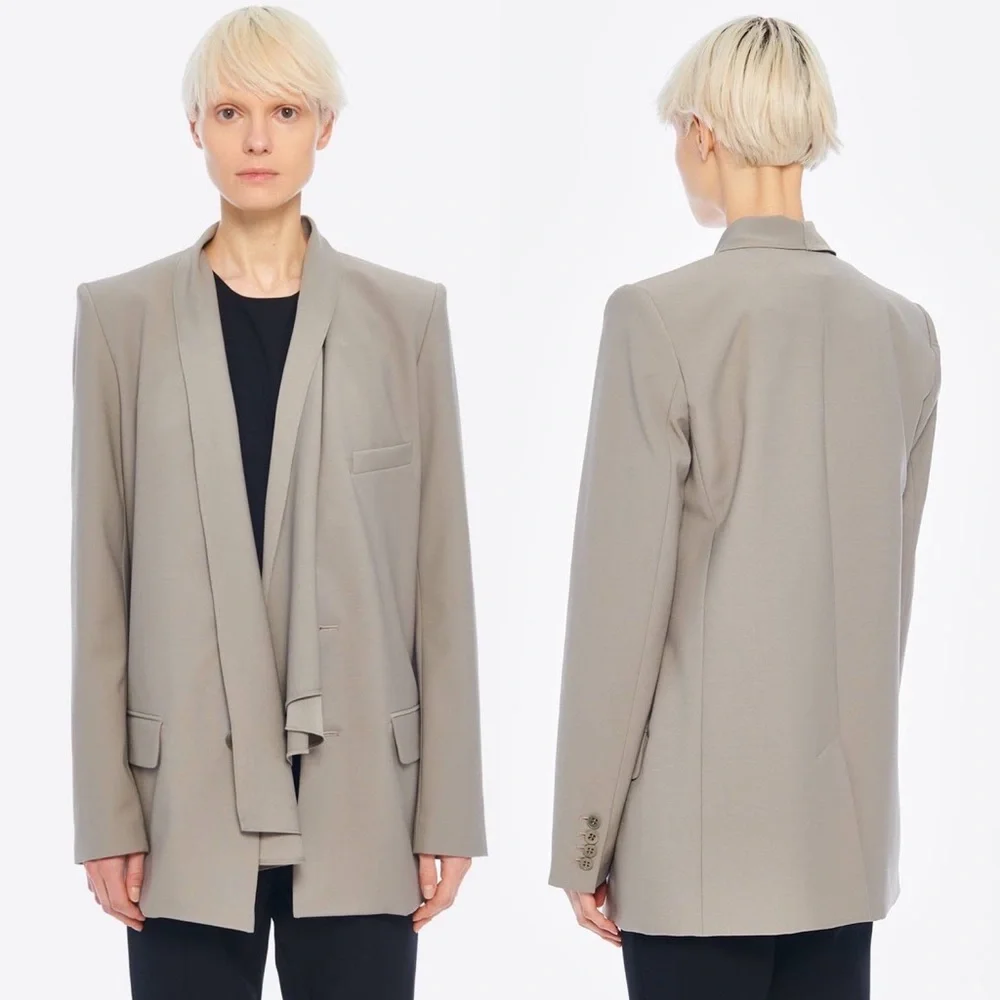 TIBI Tropical Wool Detachable Scarf Blazer Jacket in Cement Grey